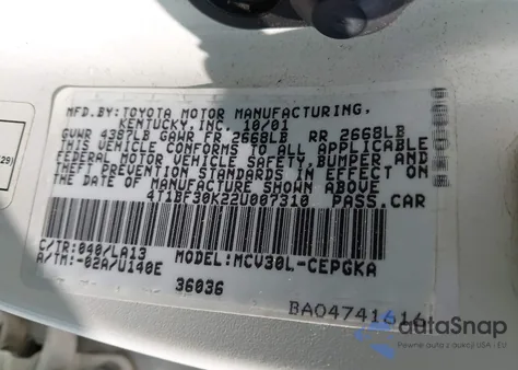 2002 Toyota Camry Xle V6 z USA, uszkodzony, nr VIN 4T1BF30K22U007310